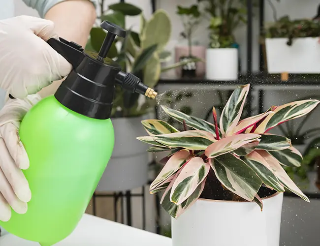 Mujer echando insecticida sobre las suculentas